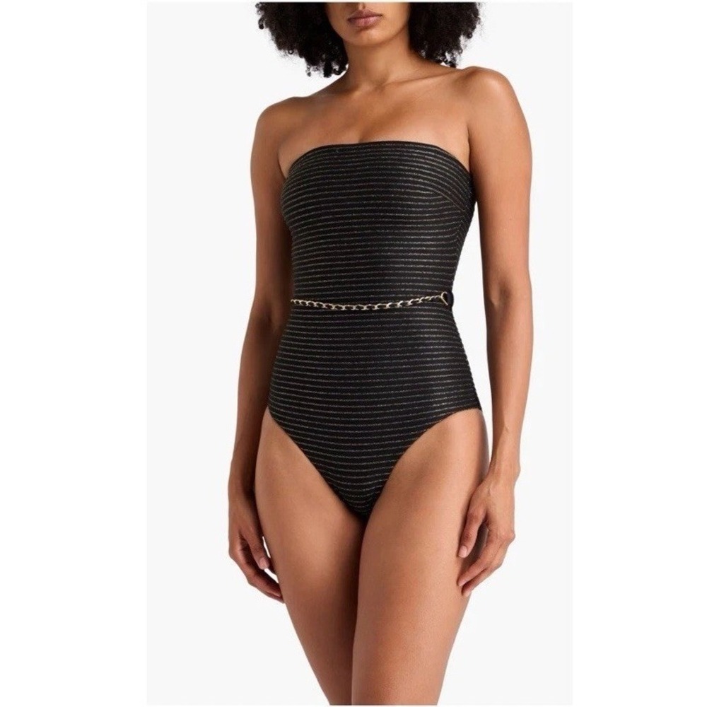 ZIMMERMANN Size 1(4-6) Waverly Bandeau Belted Metallic Striped Swimsuit Blk READ